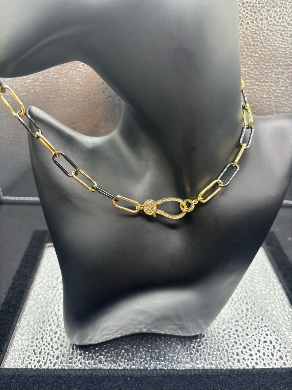 Two-Tone Gold and Black Link Necklace with Decorative Loop Clasp